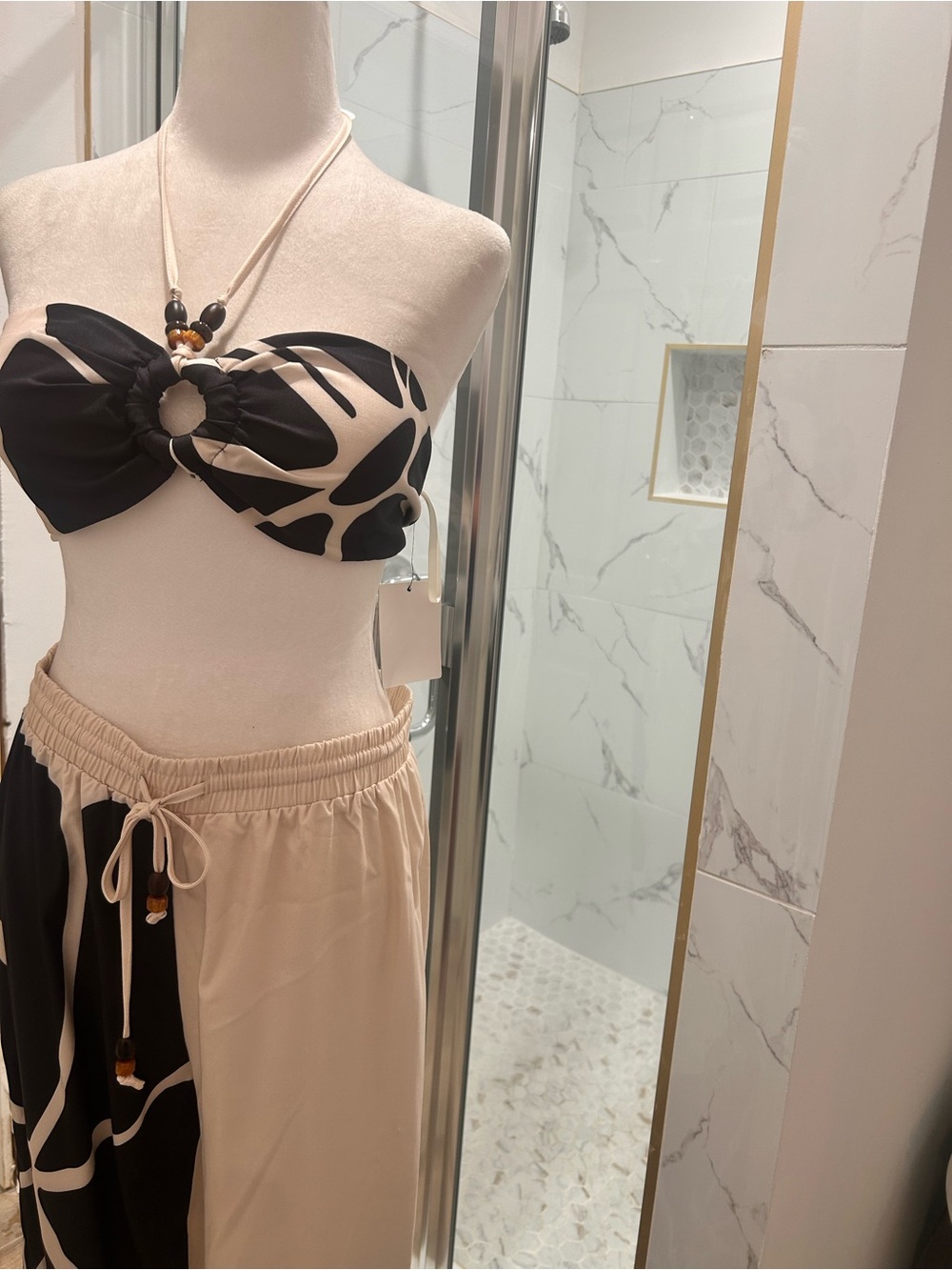 Black & Cream Patterned Bandeau Top with Matching Cream Drawstring pants